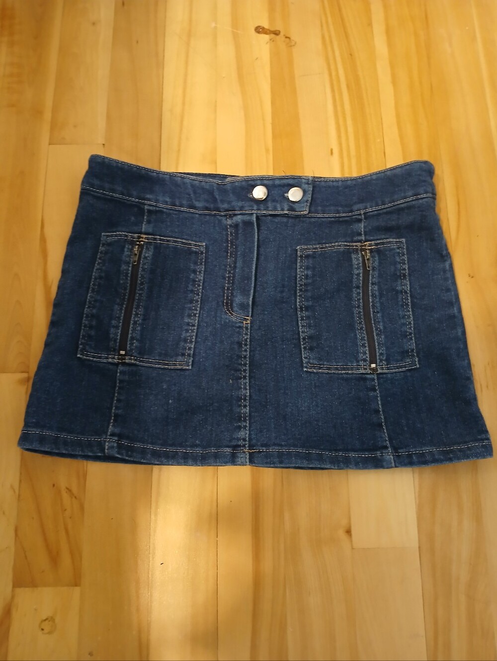 Vintage Denim Mini Skirt with Front Zip Pockets - Dark Blue